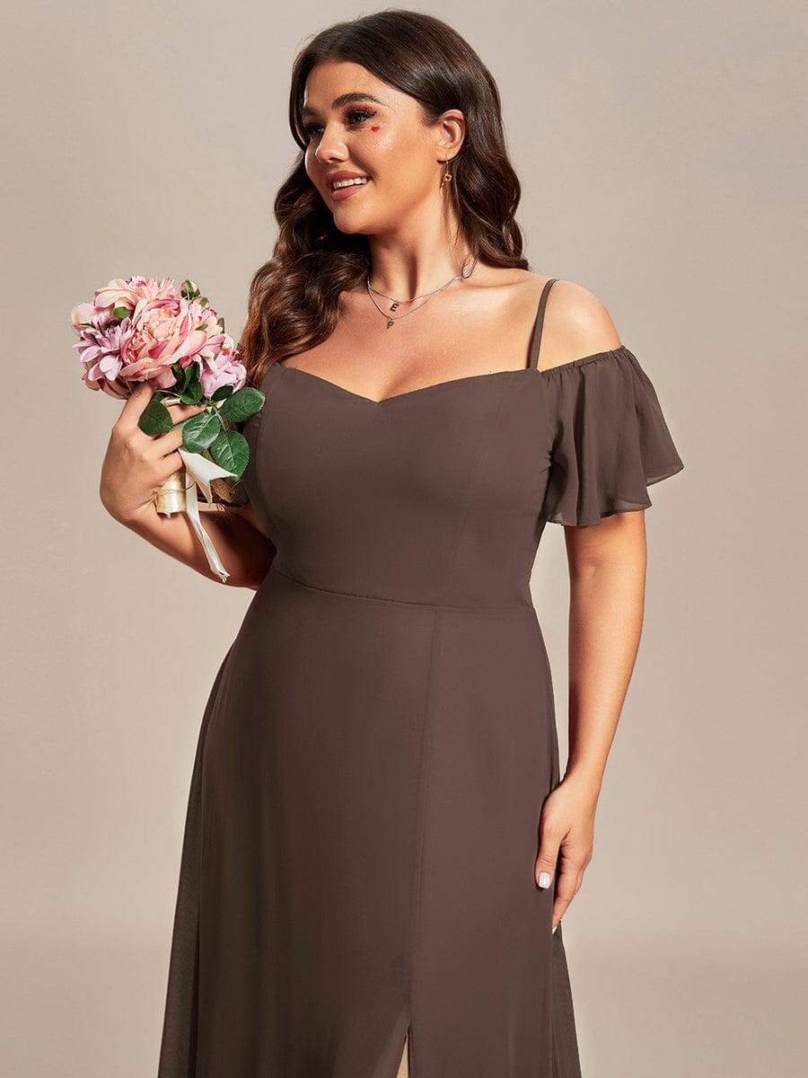 Off Shoulder High Slit Chiffon Flowy Bridesmaid Dress #color_Espresso