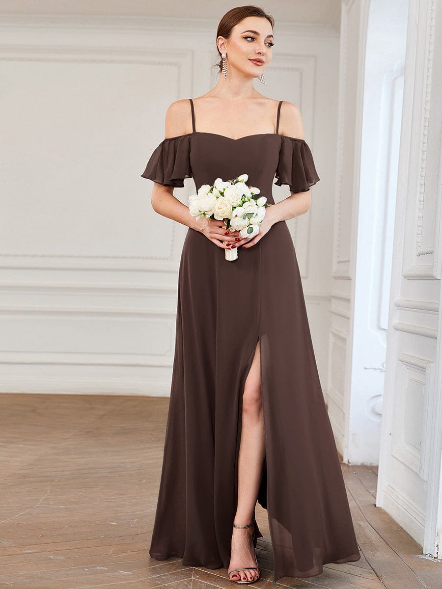 Off Shoulder High Slit Chiffon Flowy Bridesmaid Dress #color_Espresso