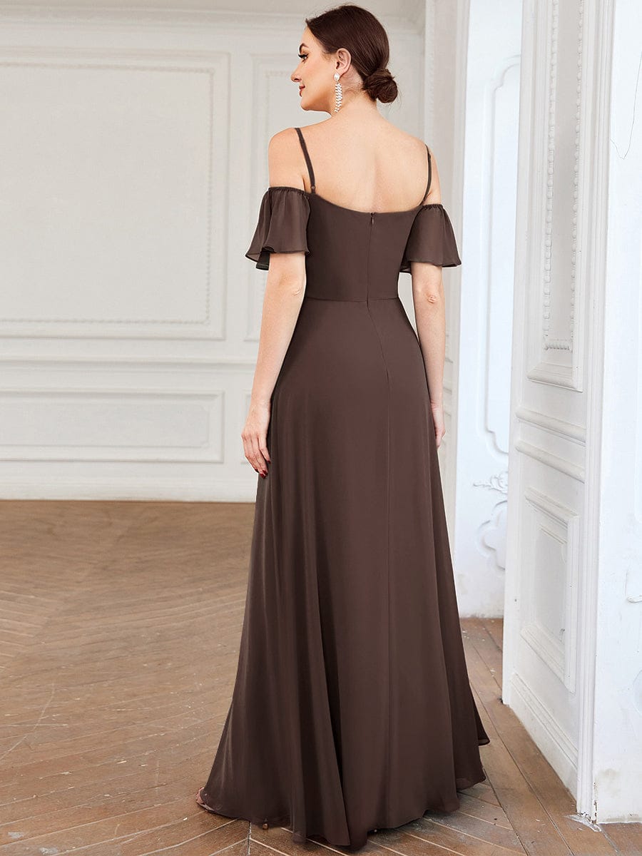 Off Shoulder High Slit Chiffon Flowy Bridesmaid Dress #color_Espresso