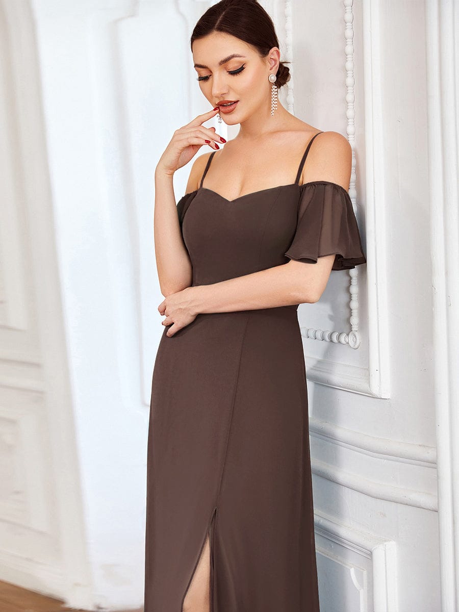 Off Shoulder High Slit Chiffon Flowy Bridesmaid Dress #color_Espresso