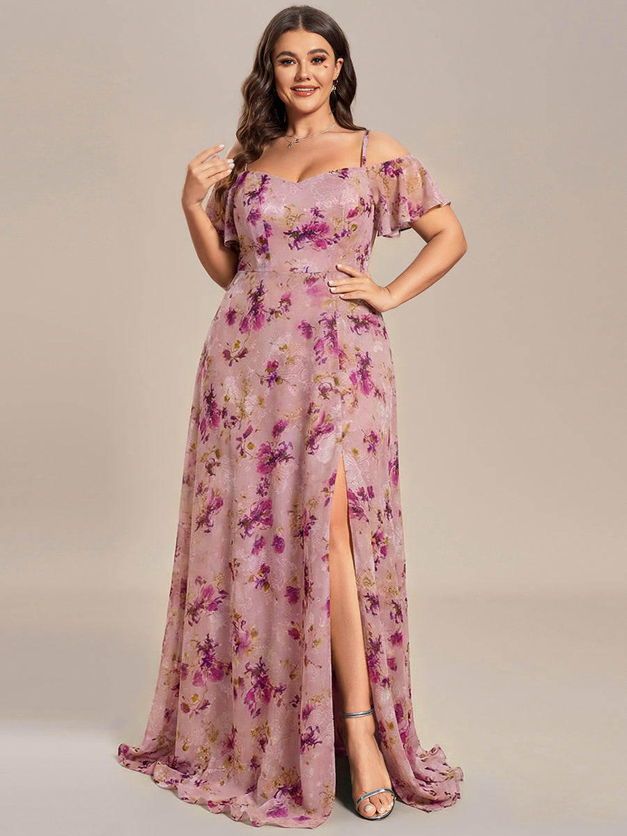 Off Shoulder High Slit Chiffon Flowy Bridesmaid Dress #color_Light Purple Print