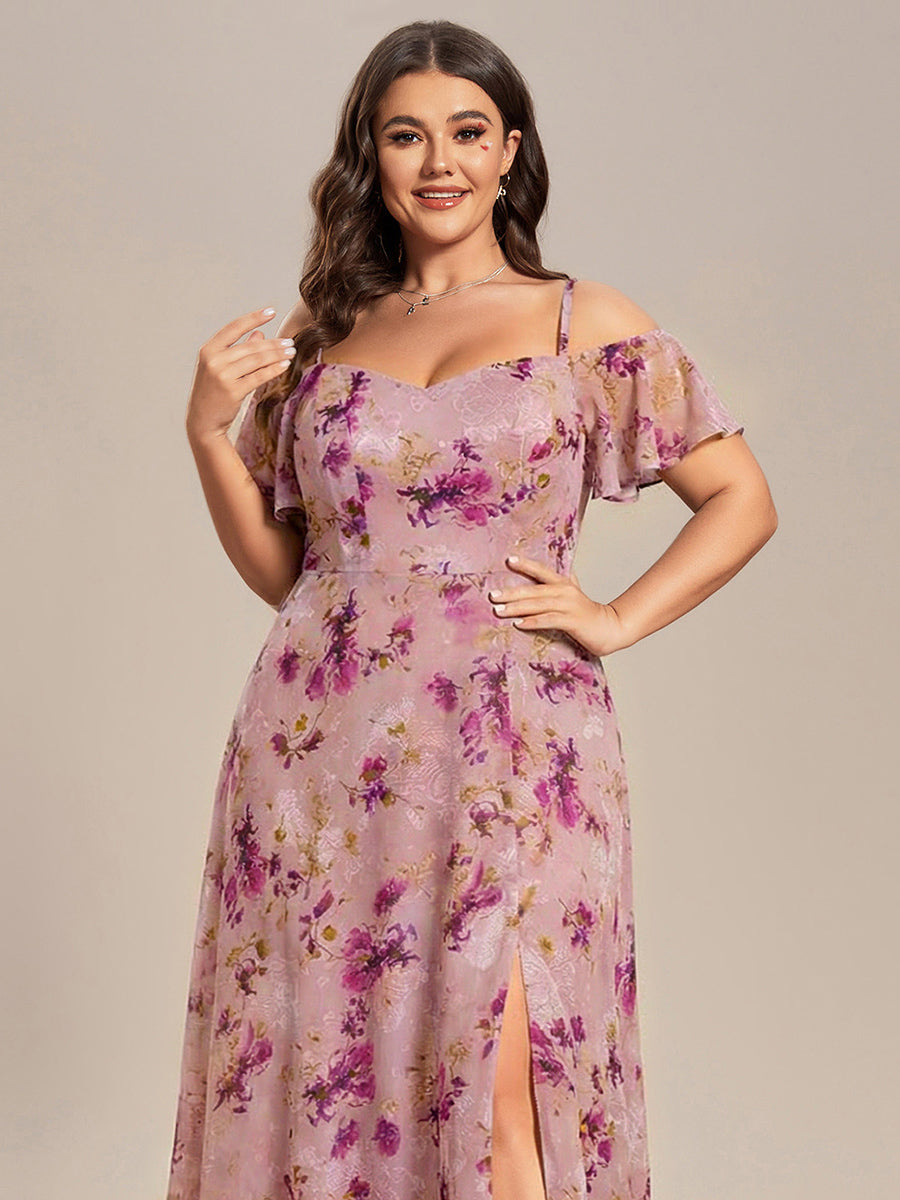 Plus Size Cold Shoulder Formal Bridesmaid Dress with Side Slit #color_Light Purple Print