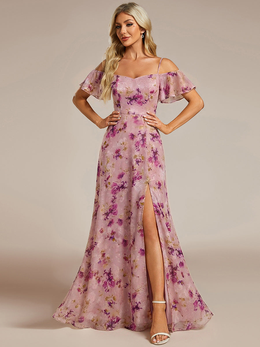 Stylish Cold Shoulder Flare Sleeves Flowy Bridesmaid Dress #color_Light Purple Print