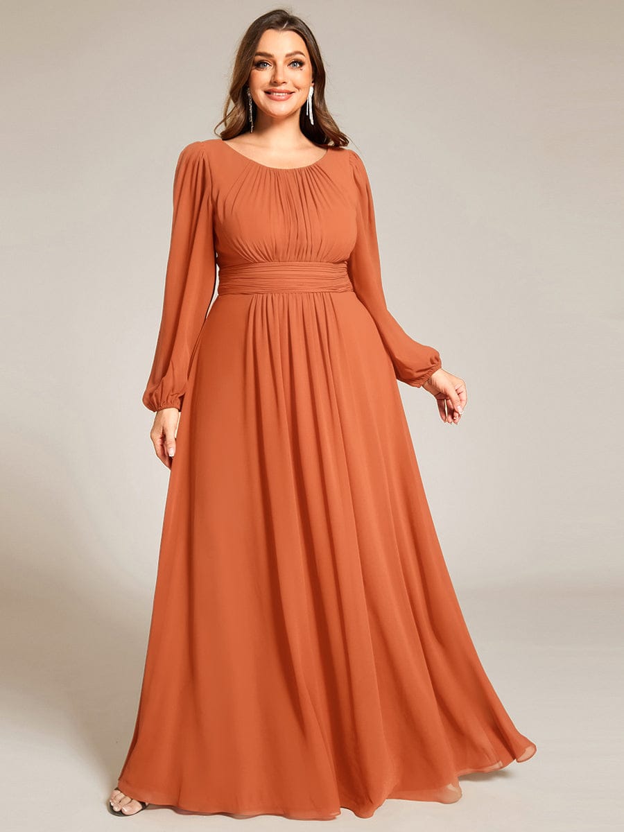Chiffon Long Sleeve A-Line Round Neckline Formal Dress #color_Brandied Melon