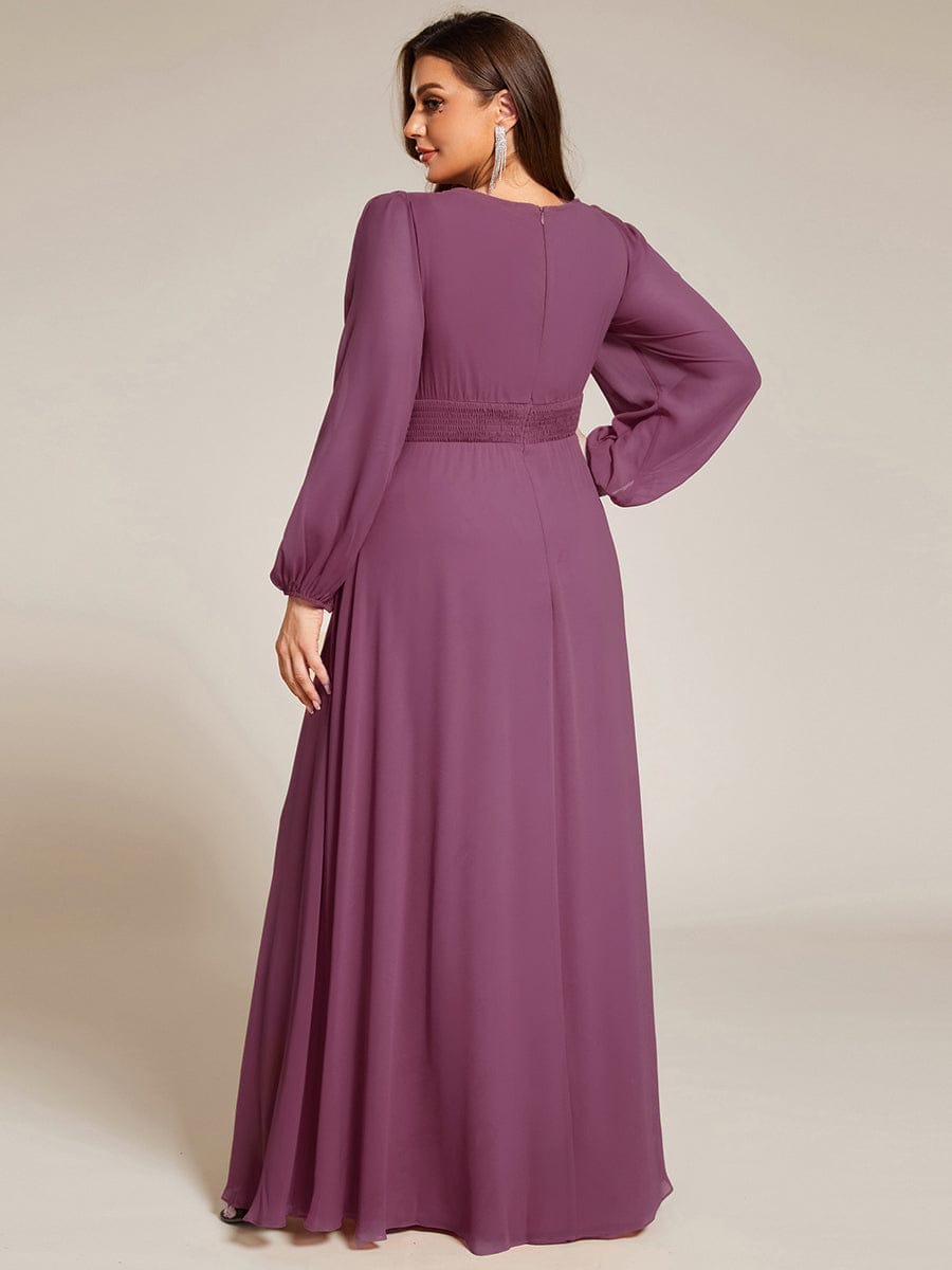 Chiffon Long Sleeve A-Line Round Neckline Formal Dress #color_Damson