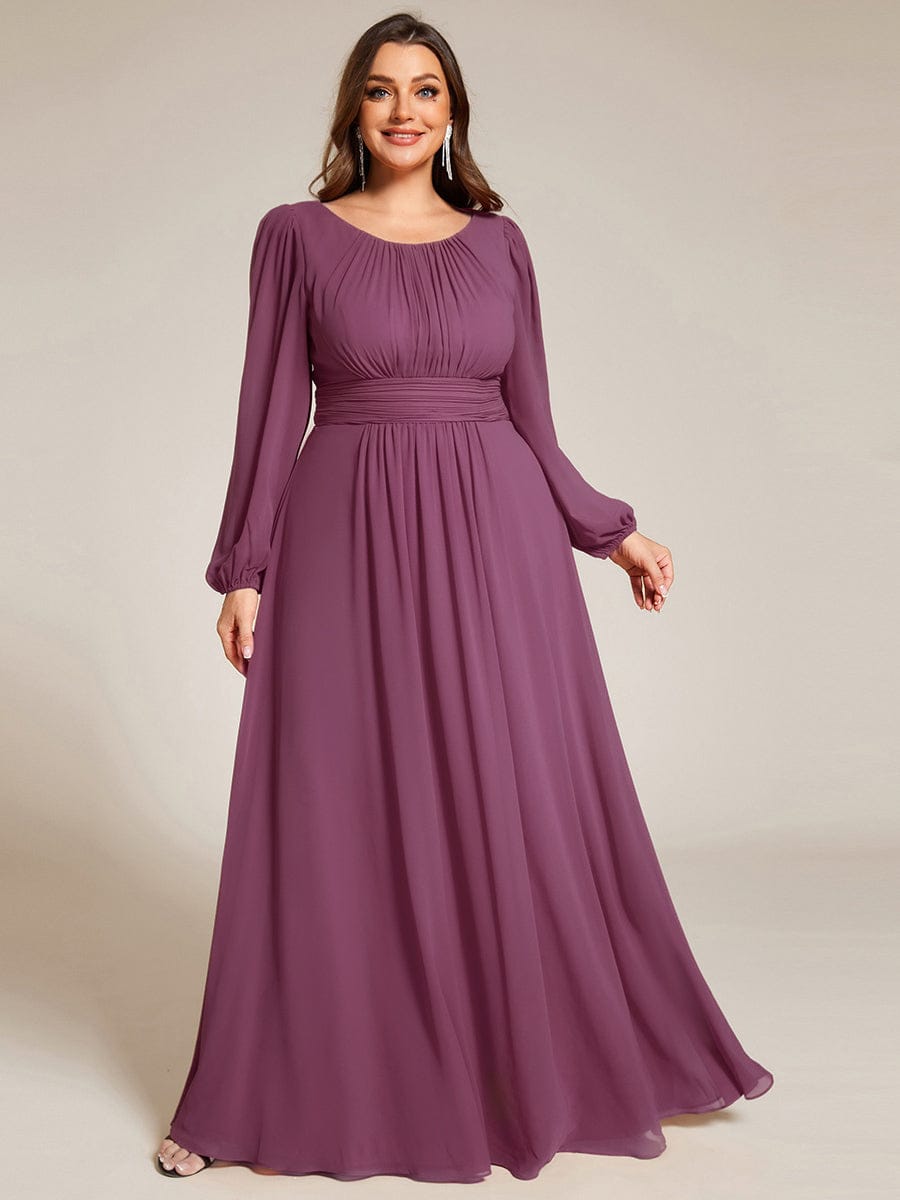 Chiffon Long Sleeve A-Line Round Neckline Formal Dress #color_Damson
