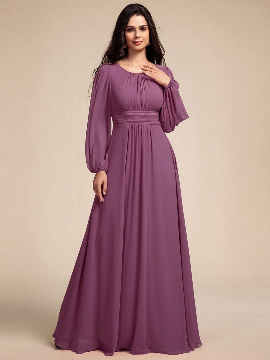 Chiffon Long Sleeve A-Line Round Neckline Formal Dress #color_Damson