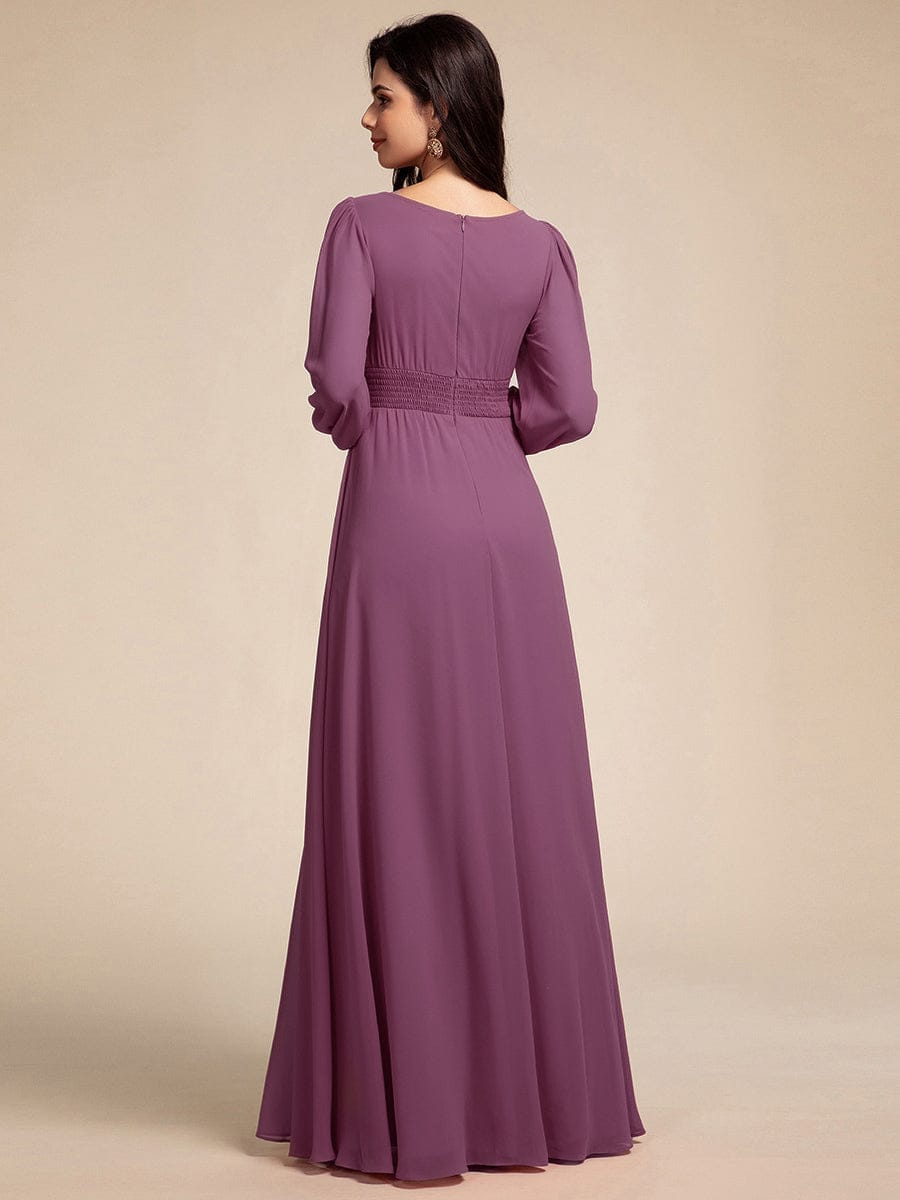 Chiffon Long Sleeve A-Line Round Neckline Formal Dress #color_Damson