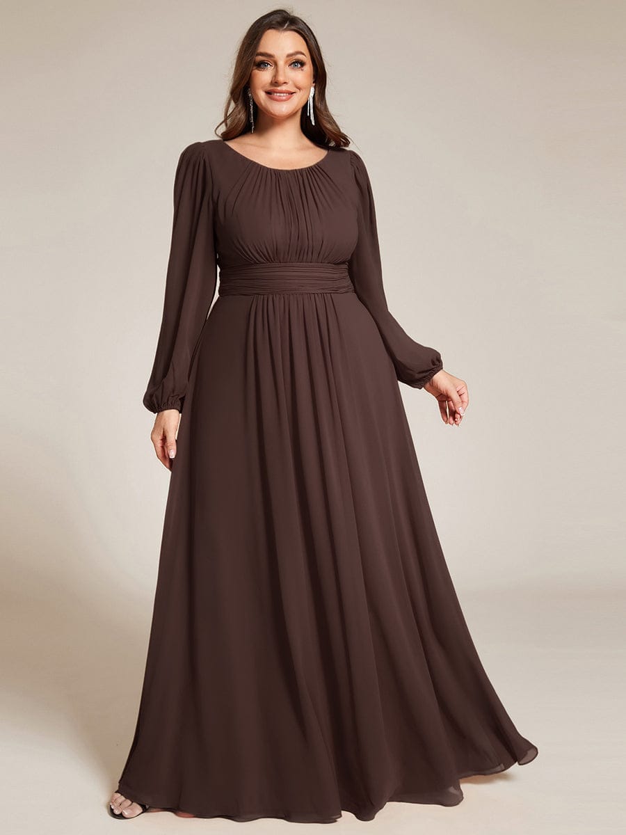 Chiffon Long Sleeve A-Line Round Neckline Formal Dress #color_Espresso