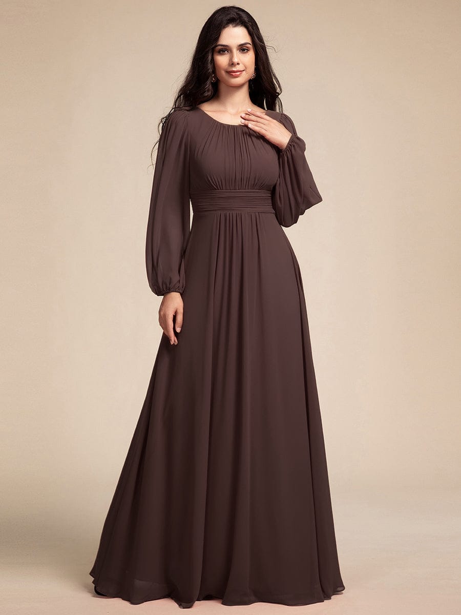 Chiffon Long Sleeve A-Line Round Neckline Formal Dress #color_Espresso
