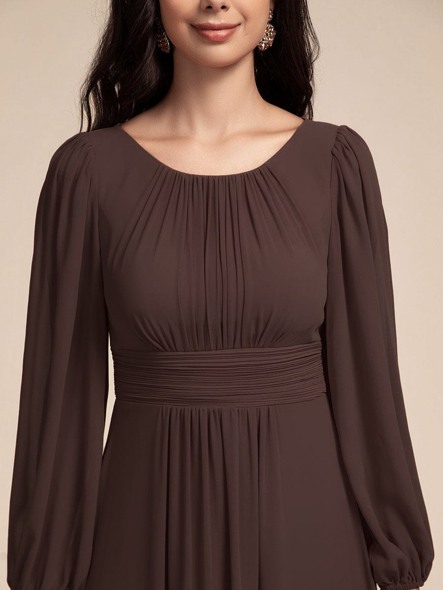 Chiffon Long Sleeve A-Line Round Neckline Formal Dress #color_Espresso