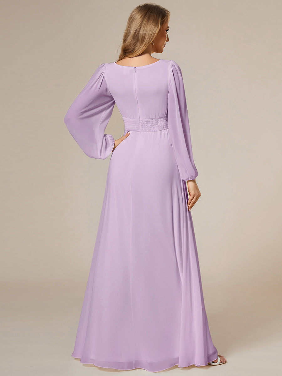 Chiffon Long Sleeve A-Line Round Neckline Formal Dress #color_Frosted Lilac