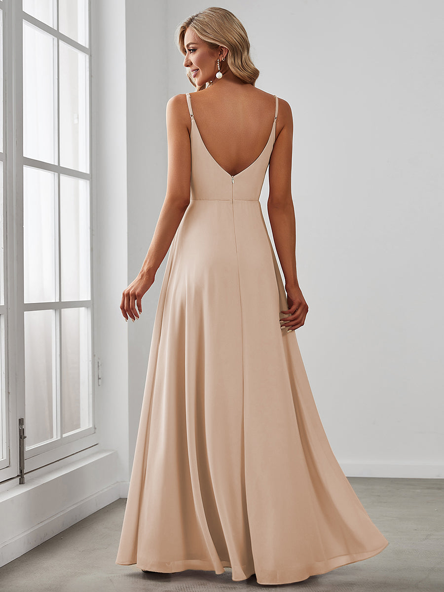 Pleated V-Neck Spaghetti Strap High Slit Bridesmaid Dress #color_Blush