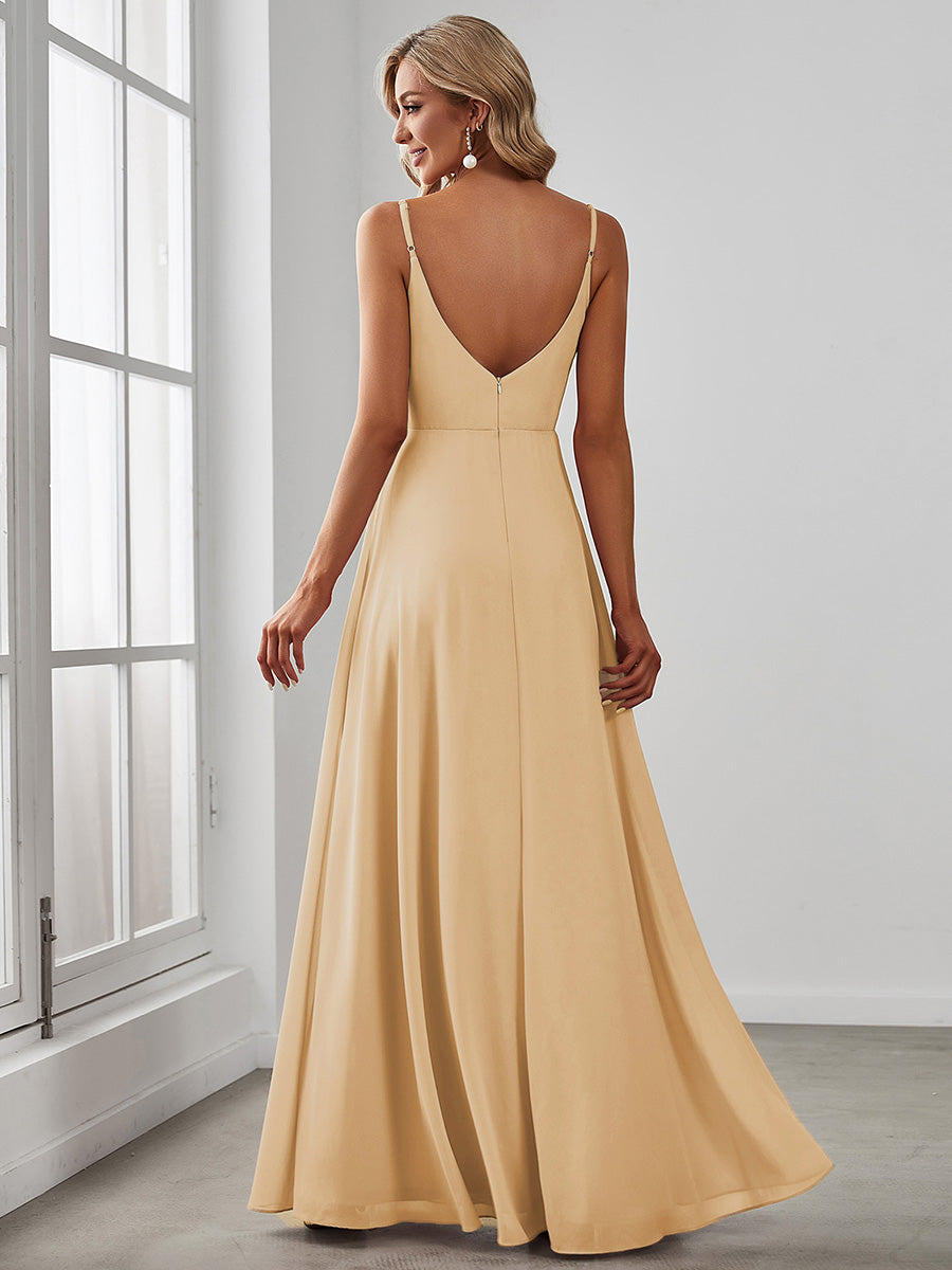 Pleated V-Neck Spaghetti Strap High Slit Bridesmaid Dress #color_Champagne