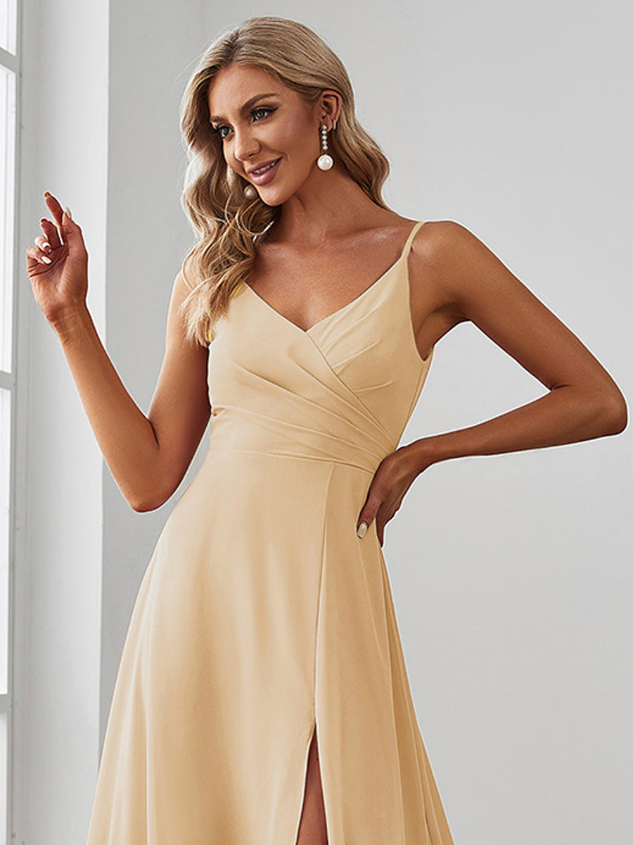 Pleated V-Neck Spaghetti Strap High Slit Bridesmaid Dress #color_Champagne