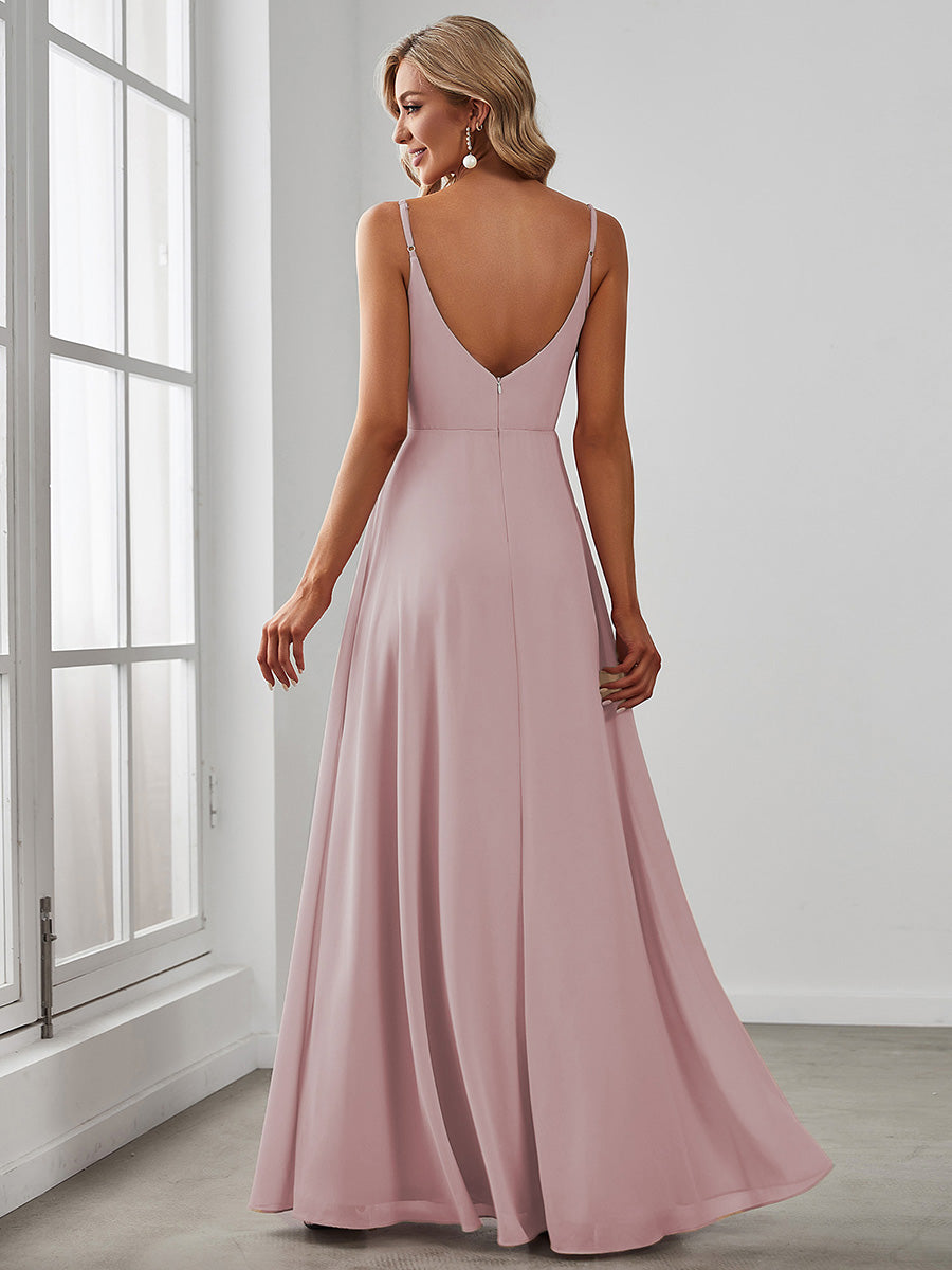 Pleated V-Neck Spaghetti Strap High Slit Bridesmaid Dress #color_Lilac