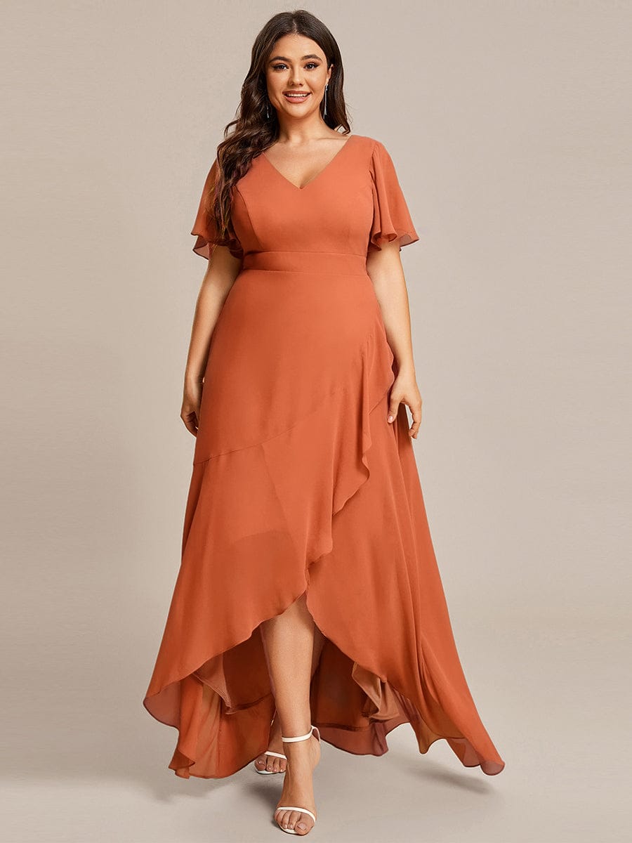Ruffles Sleeve V-Neck Chiffon Bridesmaid Dress #color_Brandied Melon