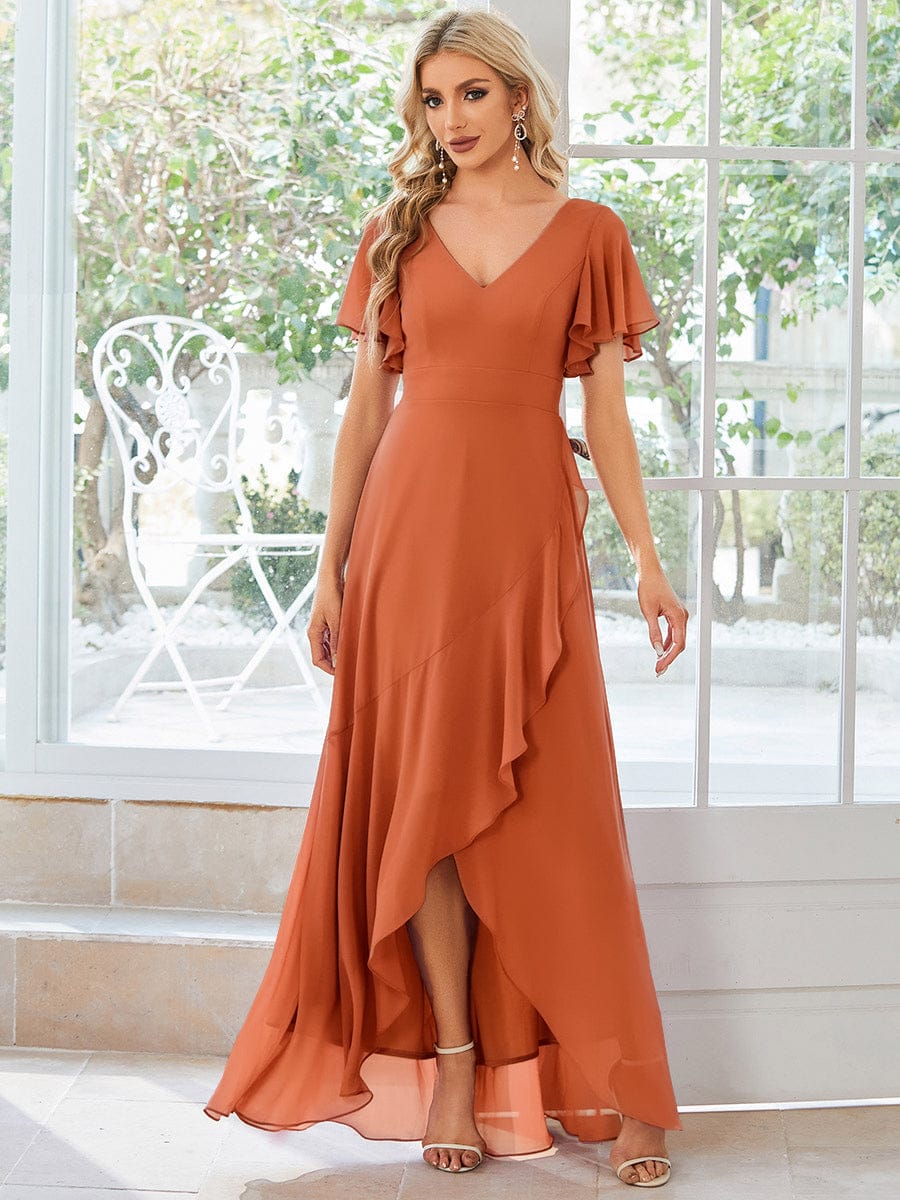 Ruffles Sleeve V-Neck Chiffon Bridesmaid Dress #color_Brandied Melon