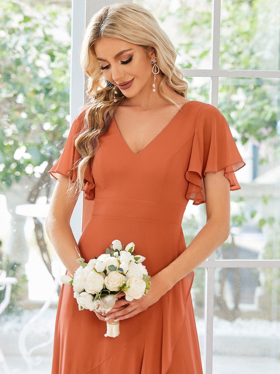 Ruffles Sleeve V-Neck Chiffon Bridesmaid Dress #color_Brandied Melon