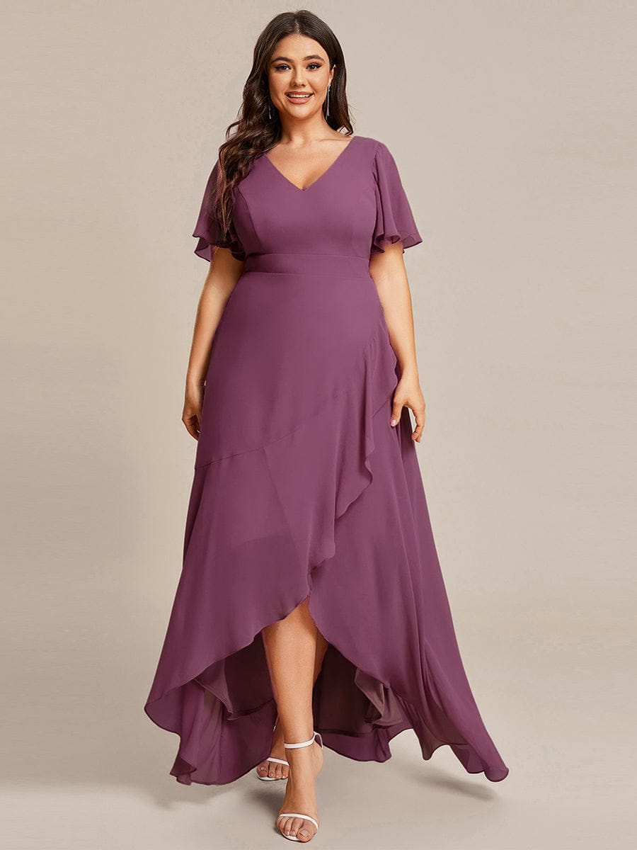 Plus Size Elegant Lotus Sleeves Chiffon Bridesmaid Dress #color_Damson