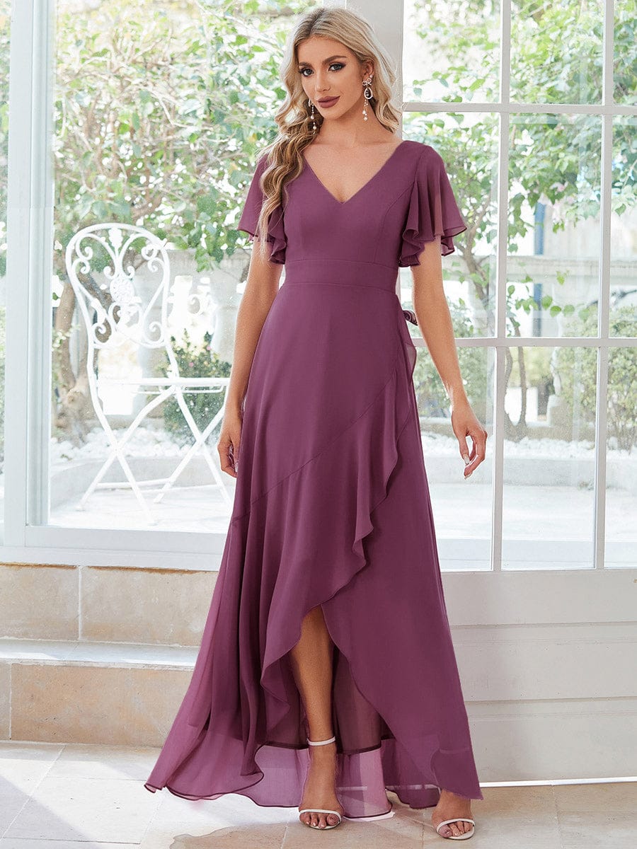 Ruffles Sleeve V-Neck Chiffon Bridesmaid Dress #color_Damson