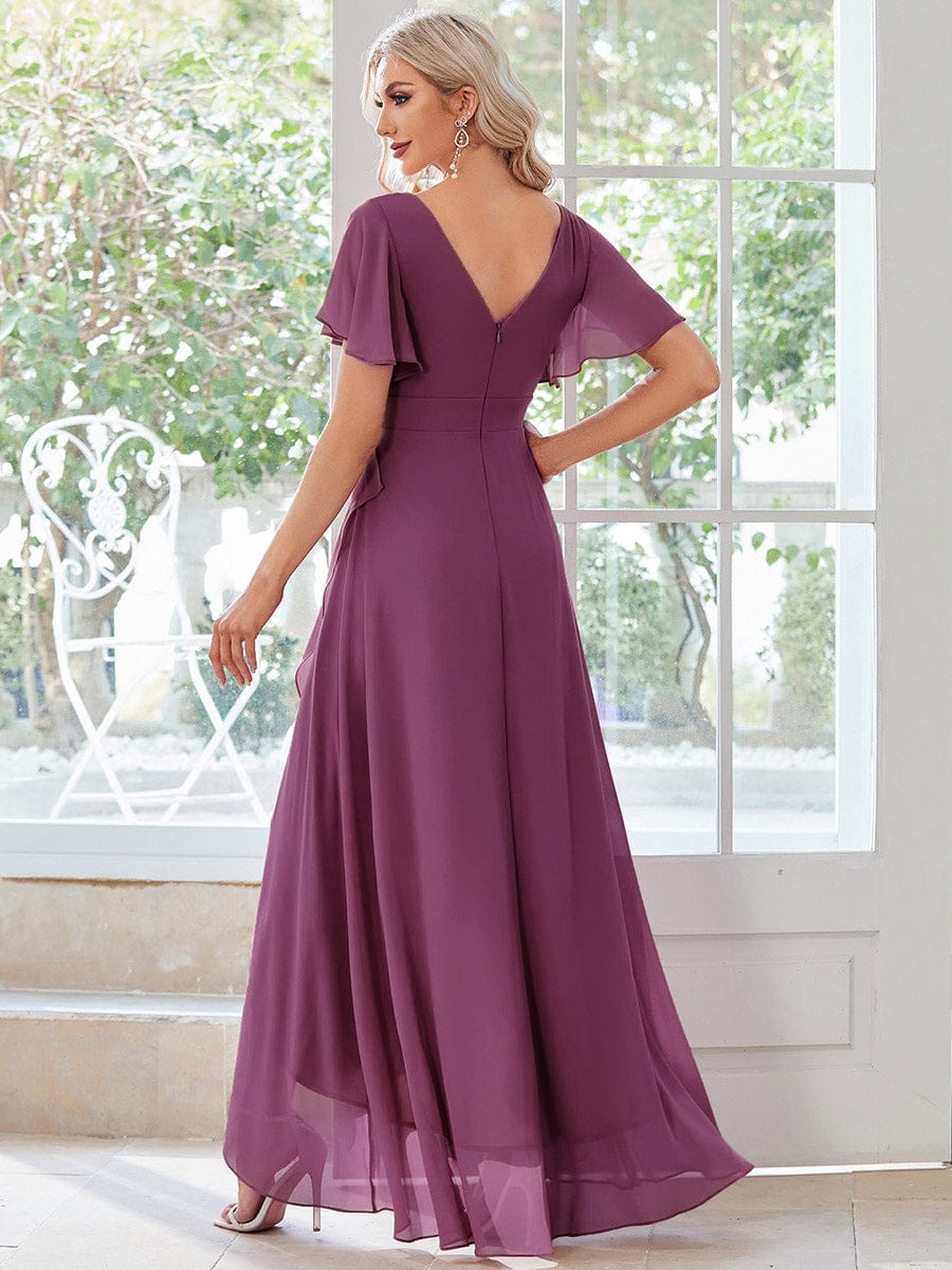 Ruffles Sleeve V-Neck Chiffon Bridesmaid Dress #color_Damson