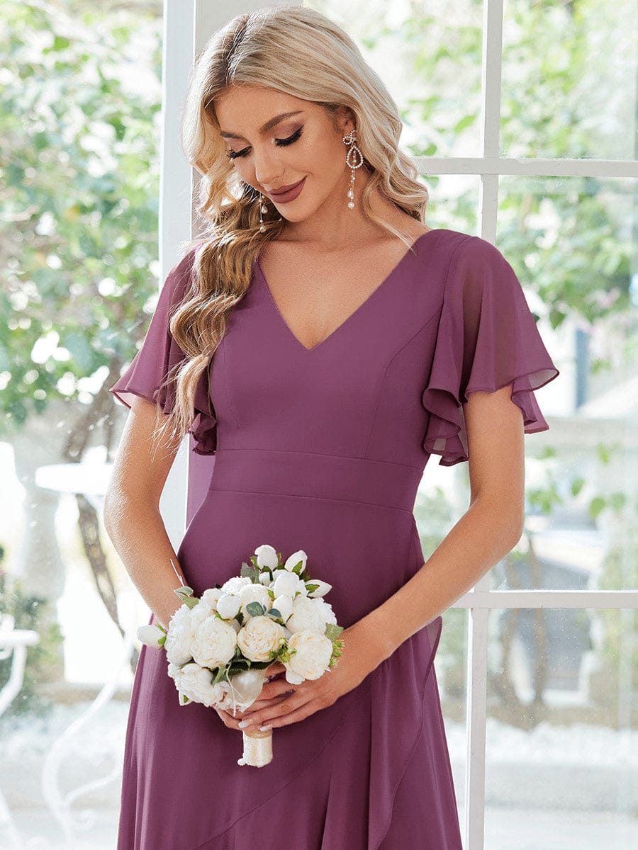 Ruffles Sleeve V-Neck Chiffon Bridesmaid Dress #color_Damson