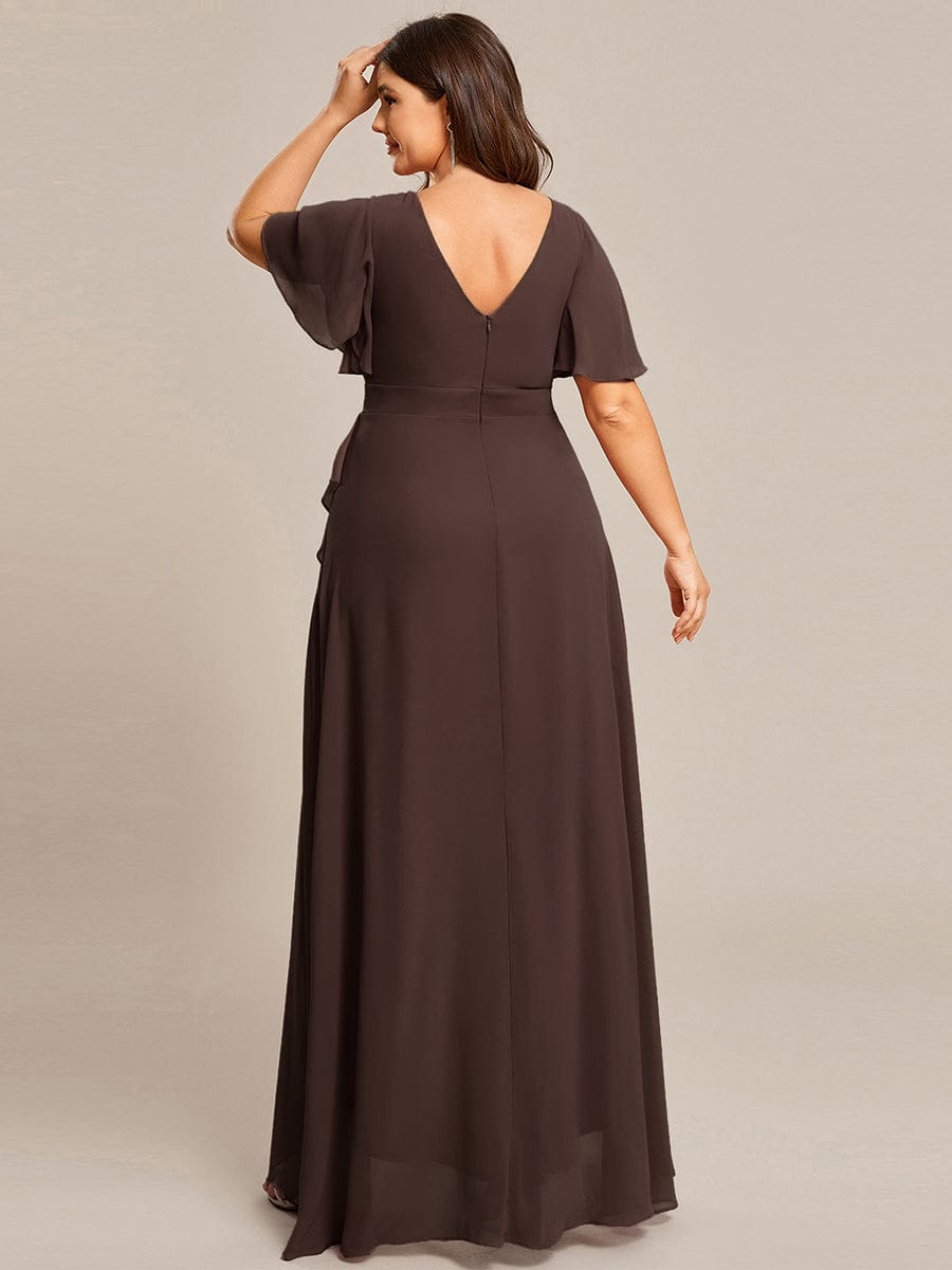 Ruffles Sleeve V-Neck Chiffon Bridesmaid Dress #color_Espresso