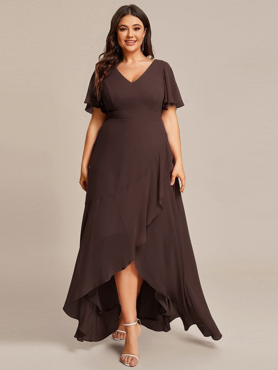 Ruffles Sleeve V-Neck Chiffon Bridesmaid Dress #color_Espresso
