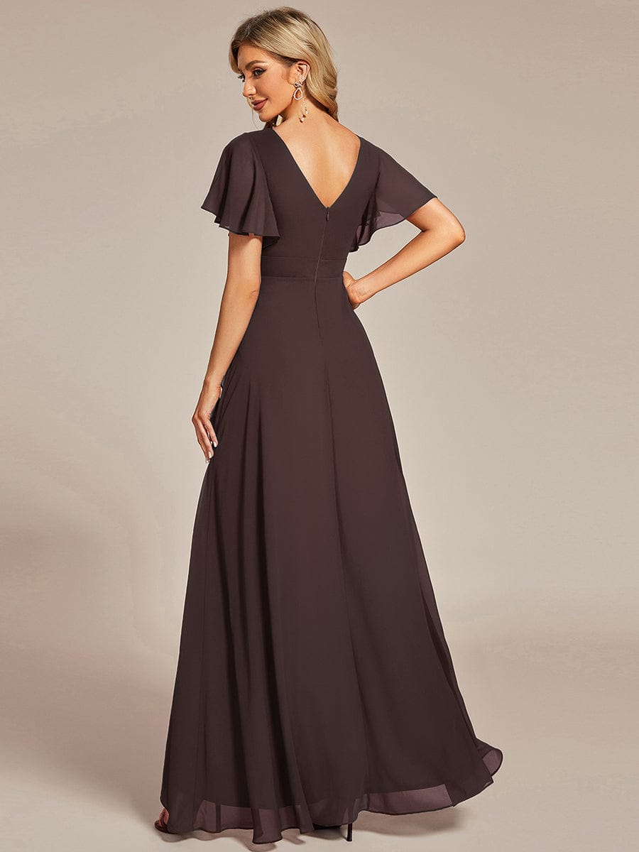 Ruffles Sleeve V-Neck Chiffon Bridesmaid Dress #color_Espresso