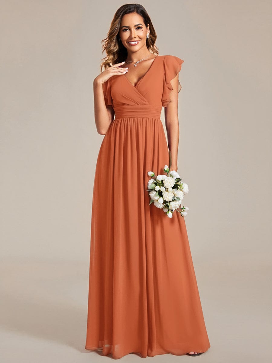 Back Cutout A-Line Pleated Ruffles Sleeve Chiffon Bridesmaid Dress #color_Brandied Melon