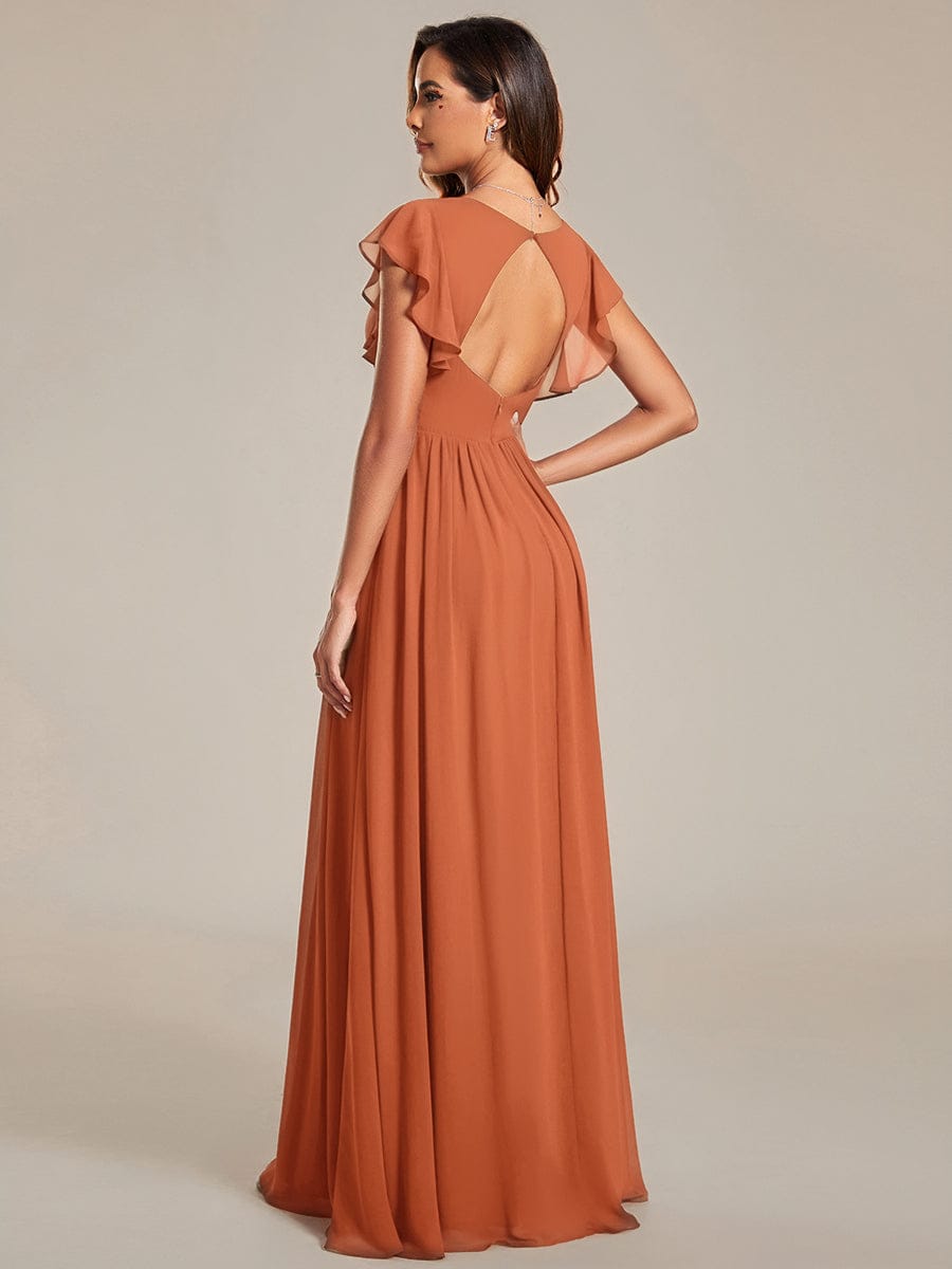 Back Cutout A-Line Pleated Ruffles Sleeve Chiffon Bridesmaid Dress #color_Brandied Melon