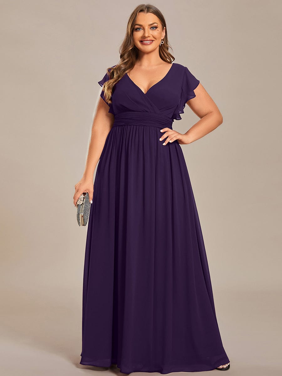 Back Cutout A-Line Pleated Ruffles Sleeve Chiffon Bridesmaid Dress #color_Dark Purple