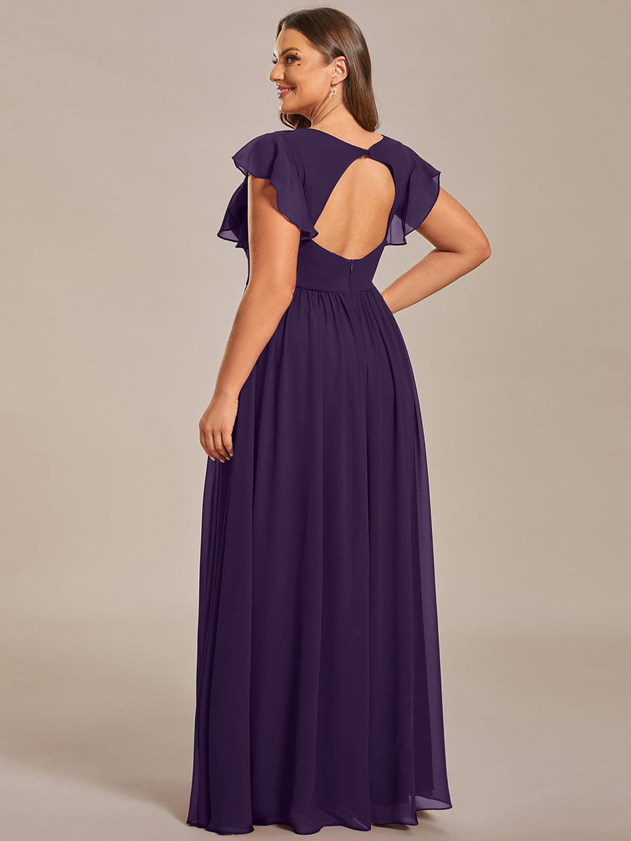 Back Cutout A-Line Pleated Ruffles Sleeve Chiffon Bridesmaid Dress #color_Dark Purple
