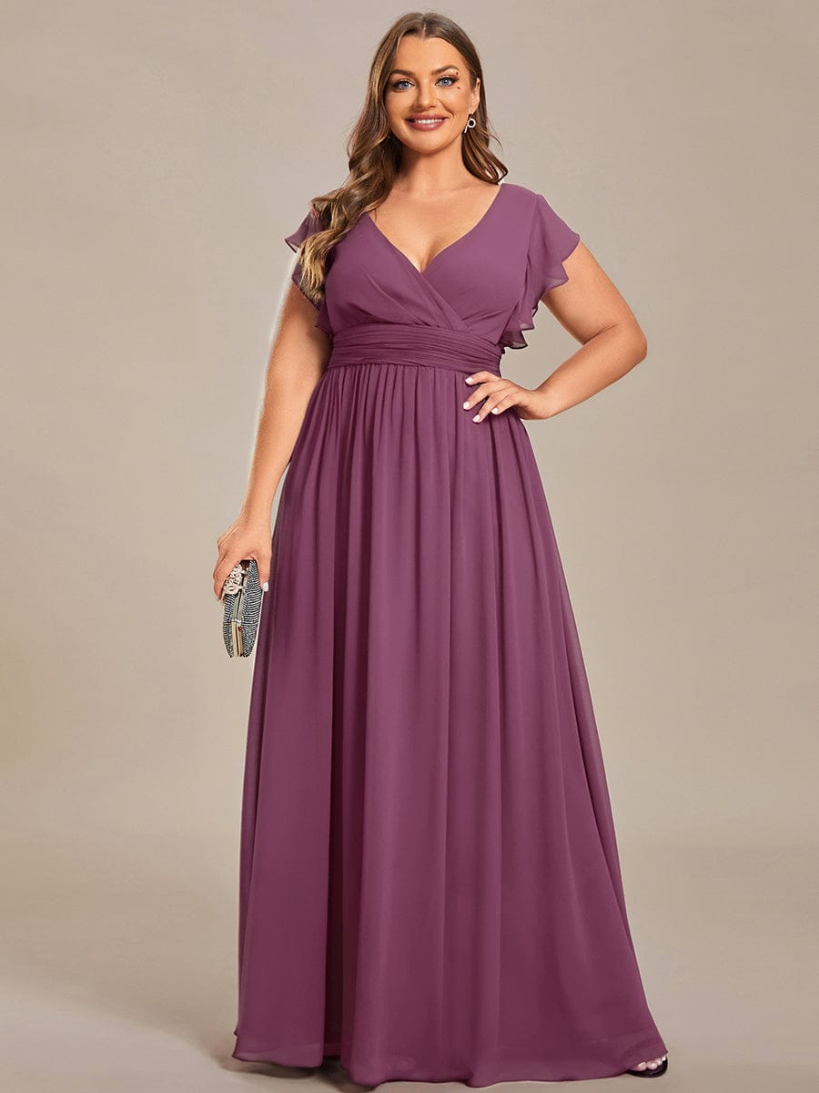 Back Cutout A-Line Pleated Ruffles Sleeve Chiffon Bridesmaid Dress #color_Damson
