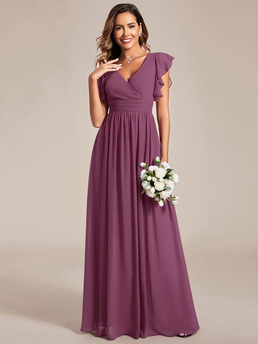 Back Cutout A-Line Pleated Ruffles Sleeve Chiffon Bridesmaid Dress #color_Damson