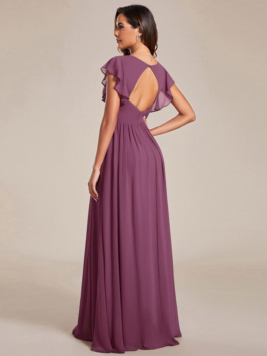 Back Cutout A-Line Pleated Ruffles Sleeve Chiffon Bridesmaid Dress #color_Damson