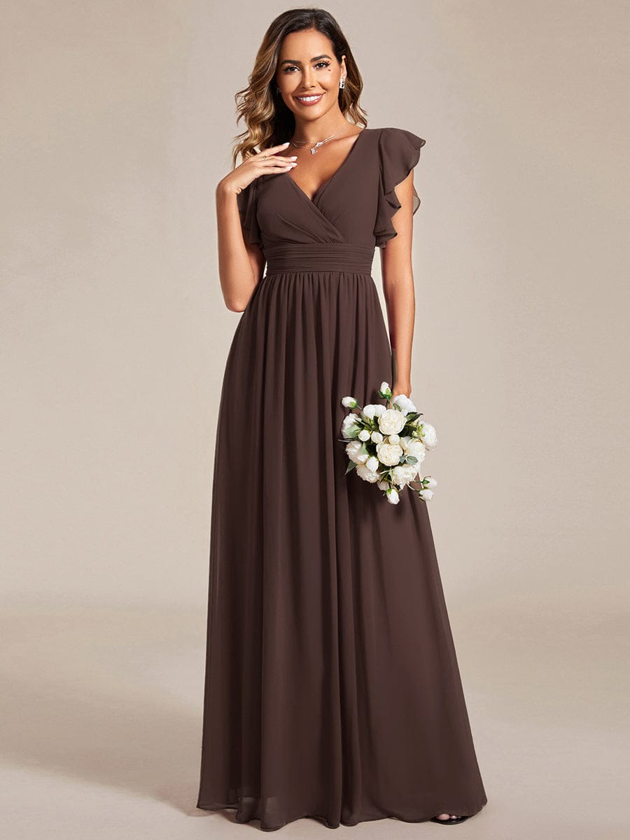 Back Cutout A-Line Pleated Ruffles Sleeve Chiffon Bridesmaid Dress #color_Espresso