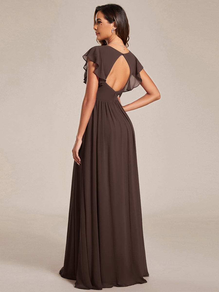 Back Cutout A-Line Pleated Ruffles Sleeve Chiffon Bridesmaid Dress #color_Espresso