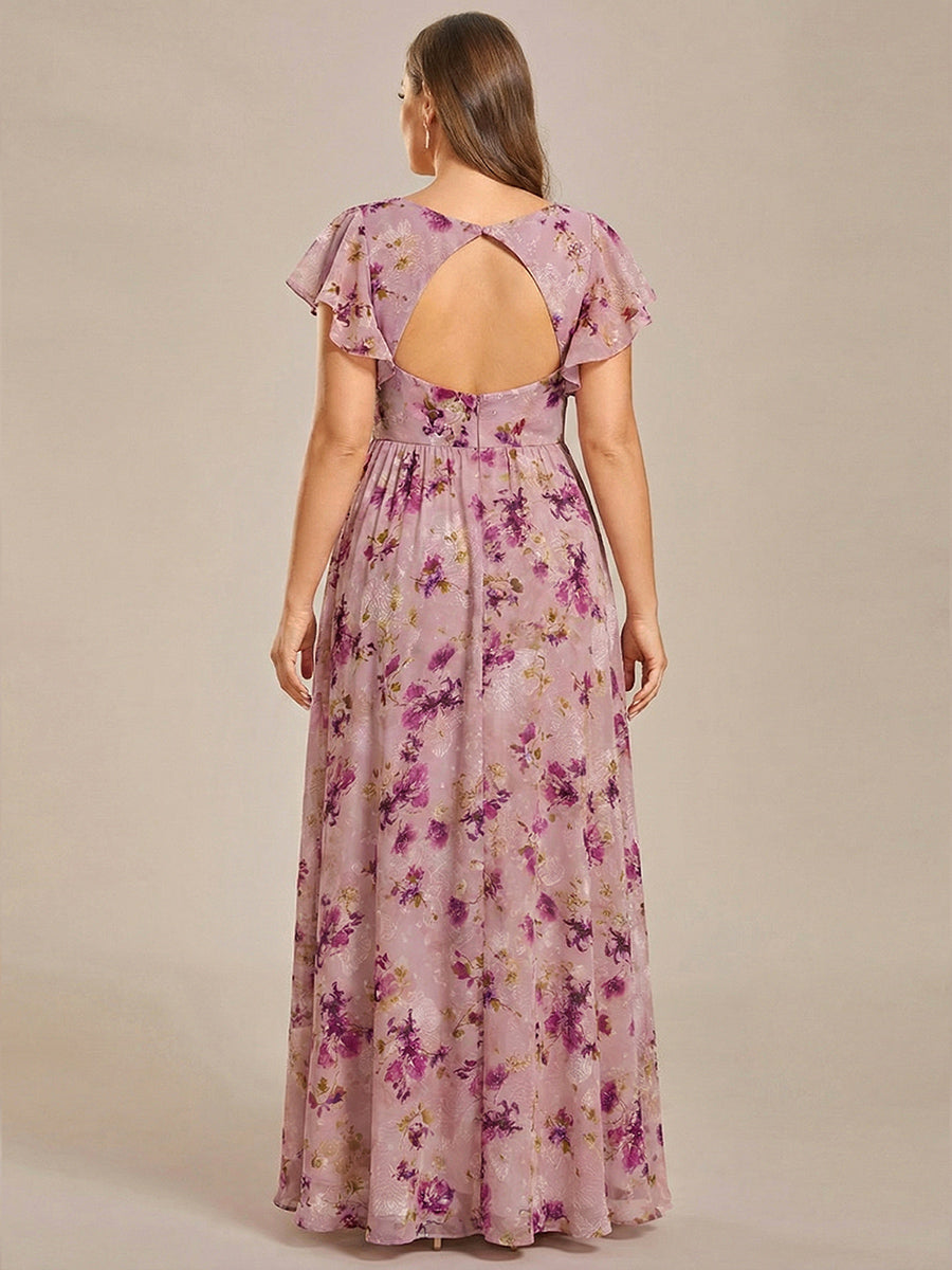 Plus Size Chiffon Pleated A-Line Back CutouT Bridesmaid Dress #color_Light Purple Print