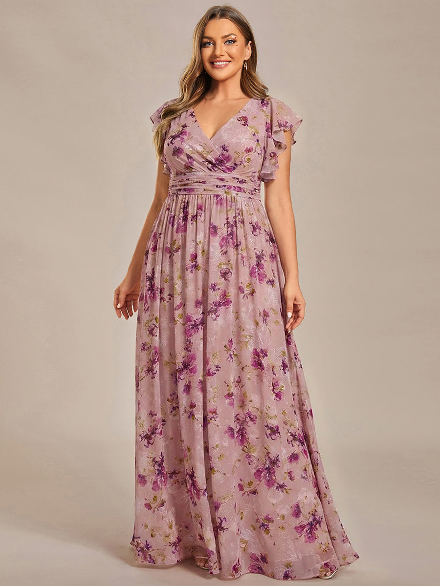 Plus Size Chiffon Pleated A-Line Back CutouT Bridesmaid Dress #color_Light Purple Print