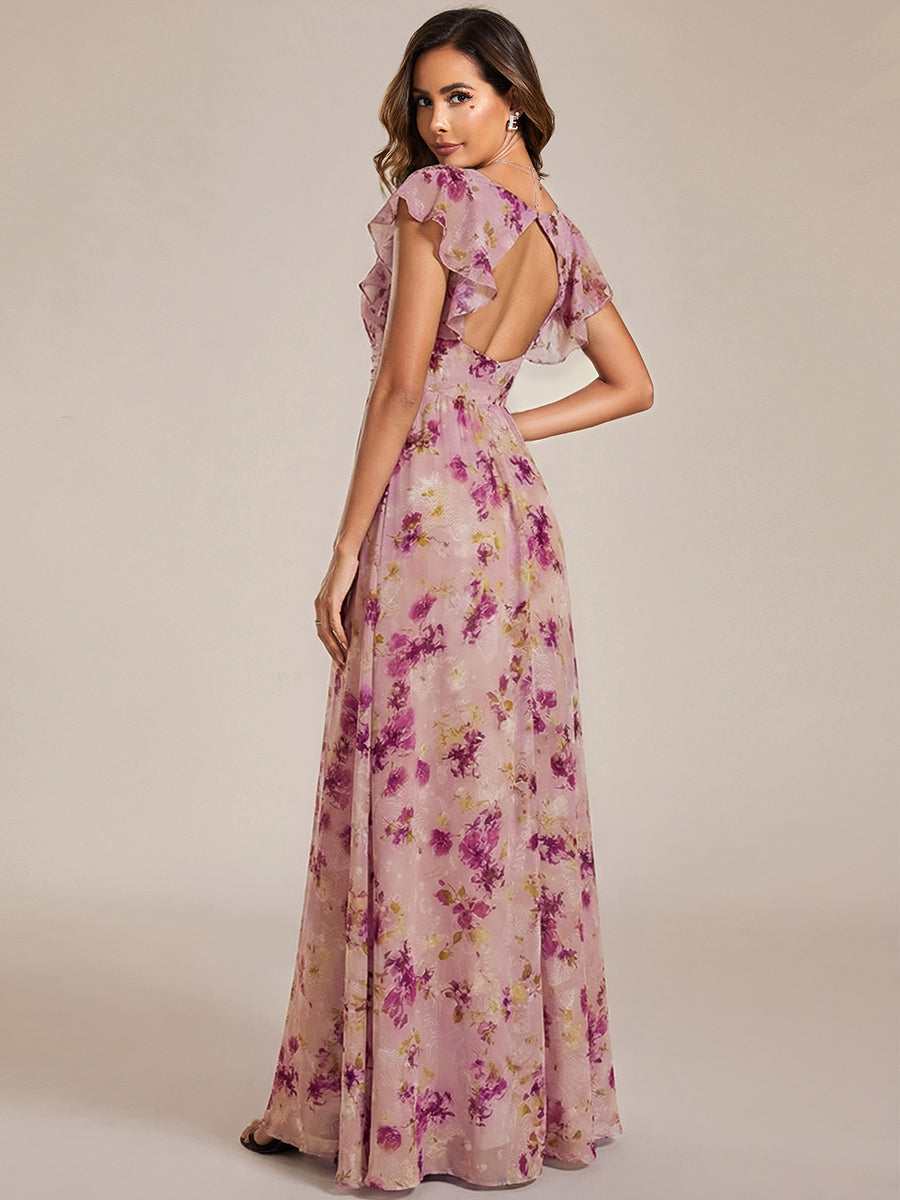 Back Cutout A-Line Pleated Ruffles Sleeve Chiffon Bridesmaid Dress #color_Light Purple Print