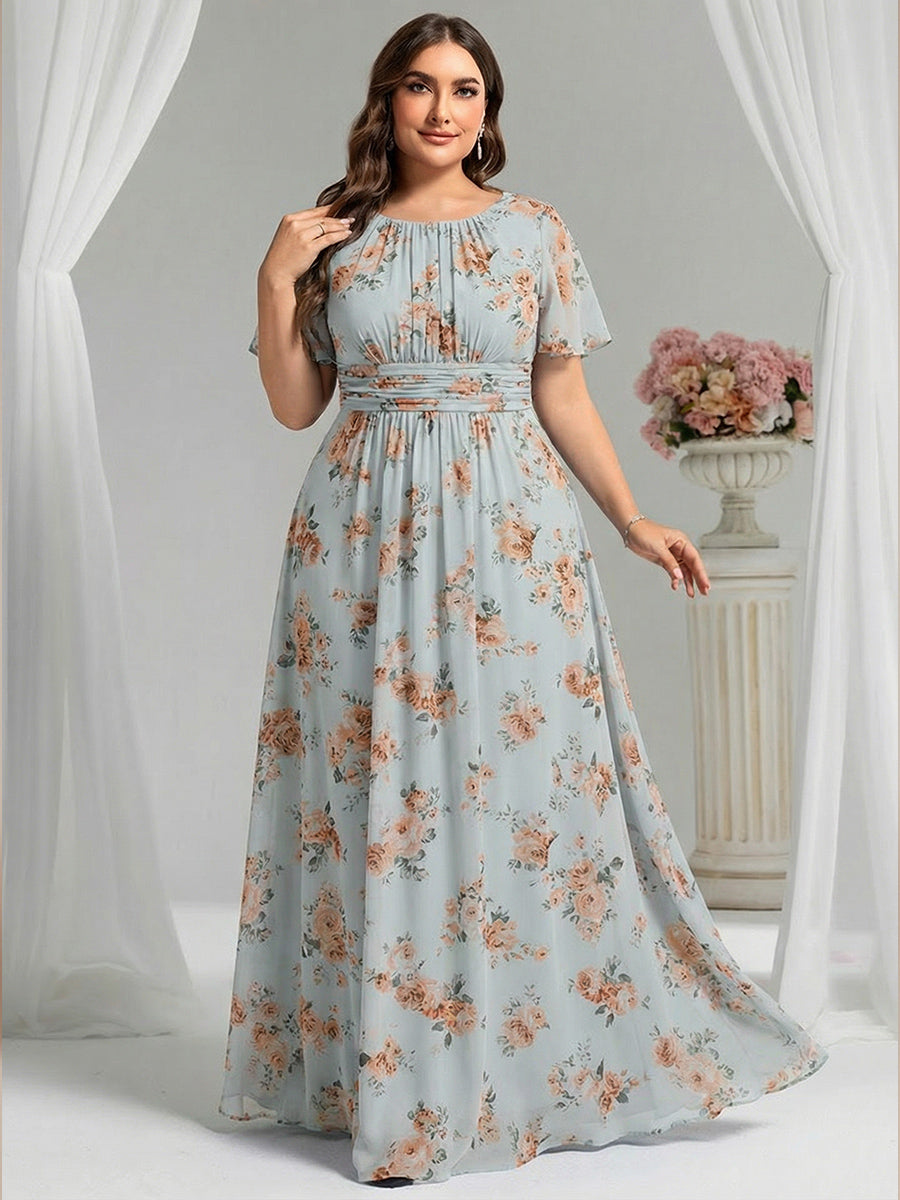 Plus Size Printed Chiffon Pleated Maxi Wedding Guest Dress #color_Amber Bloom