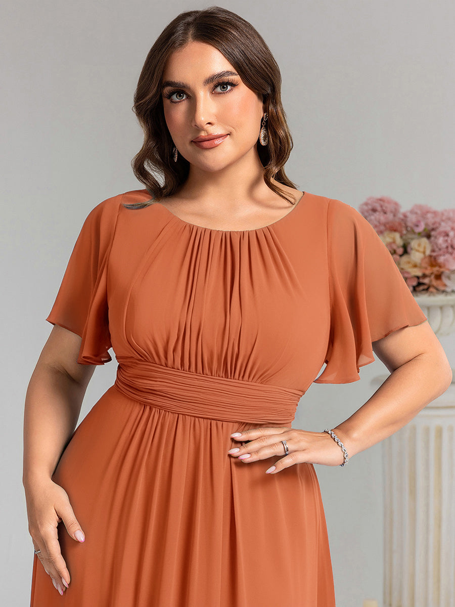 Plus Size Simple Chiffon Pleated A-Line Round Neckline Bridesmaid Dress #color_Brandied Melon