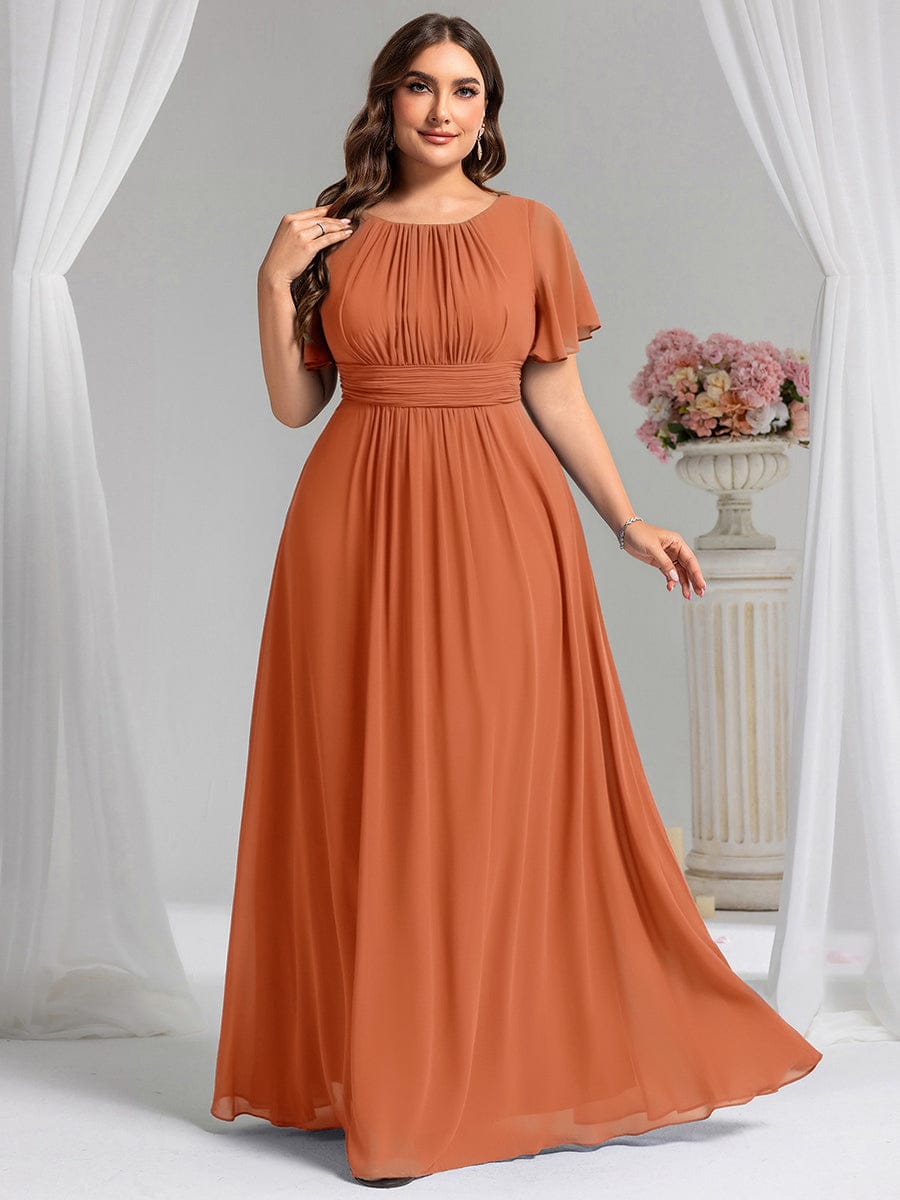 Plus Size Simple Chiffon Pleated A-Line Round Neckline Bridesmaid Dress #color_Brandied Melon