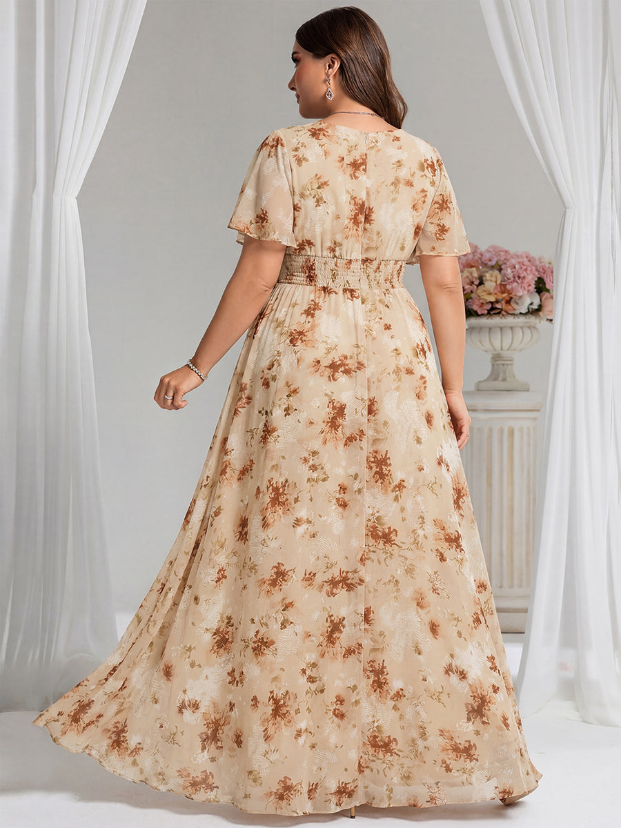 Ruched Chiffon Ruffle Sleeve Bridesmaid Dress #color_Champagne Print