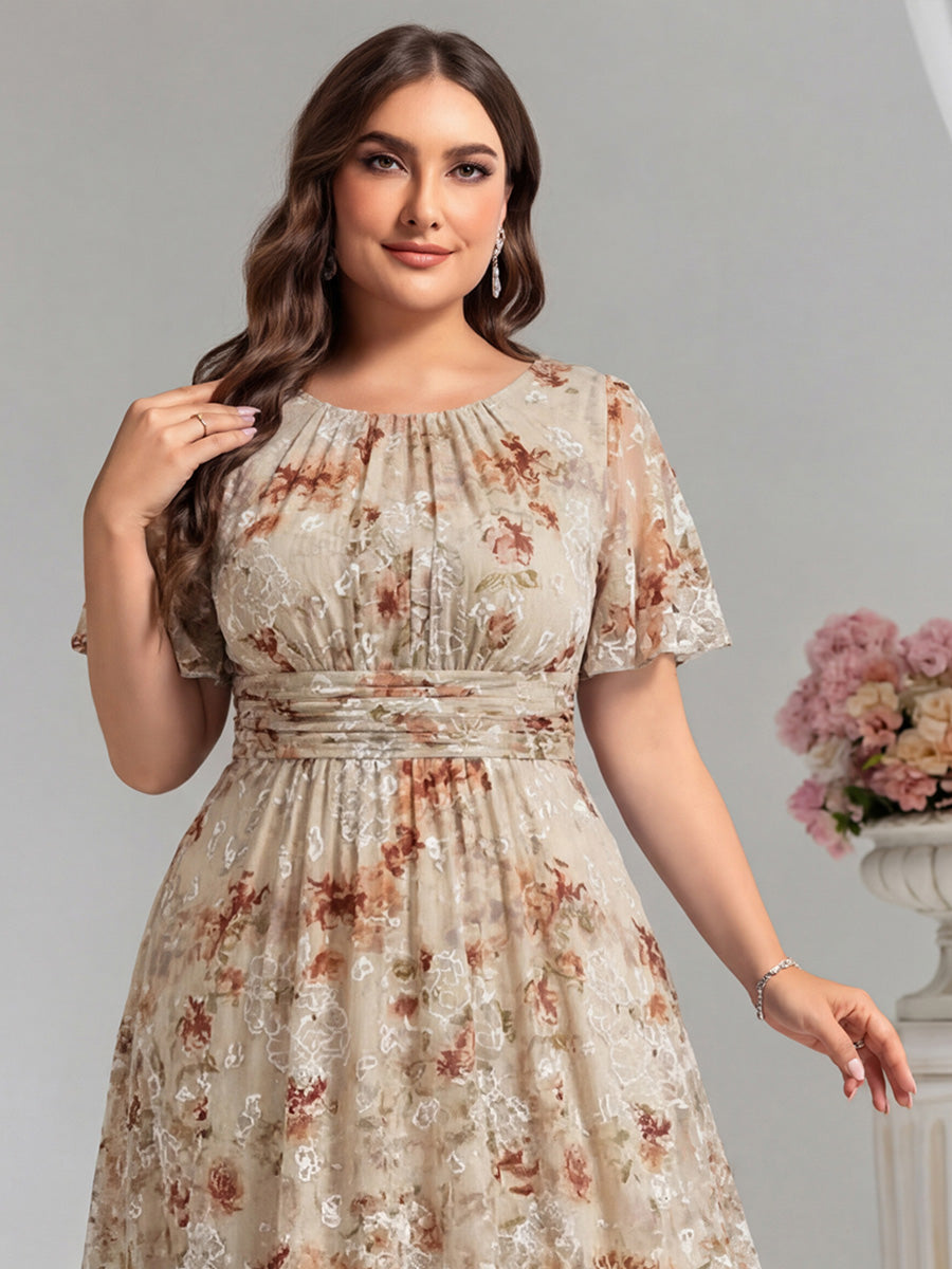 Plus Size Simple Chiffon Pleated A-Line Round Neckline Bridesmaid Dress #color_Champagne Print