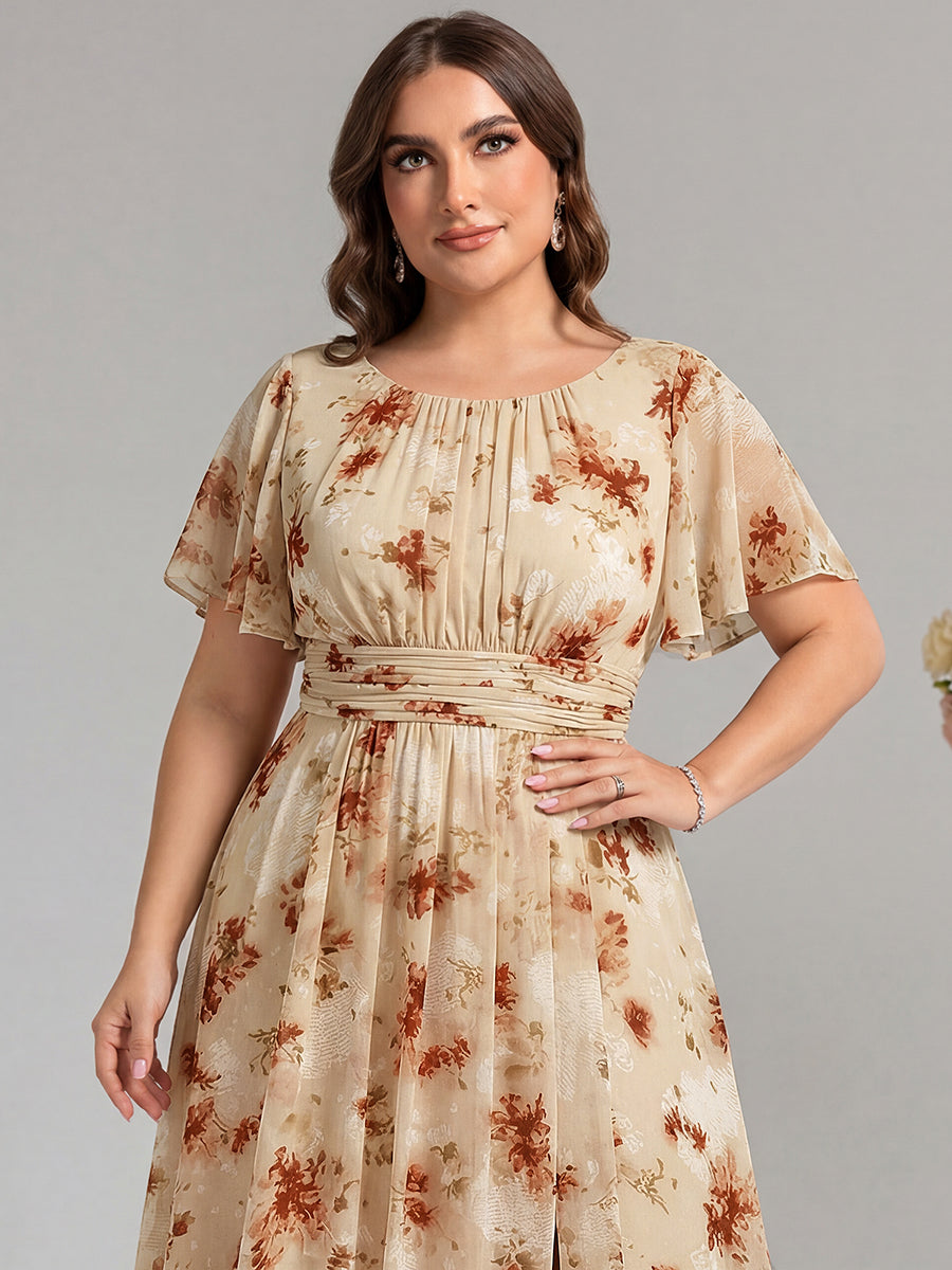 Ruched Chiffon Ruffle Sleeve Bridesmaid Dress #color_Champagne Print