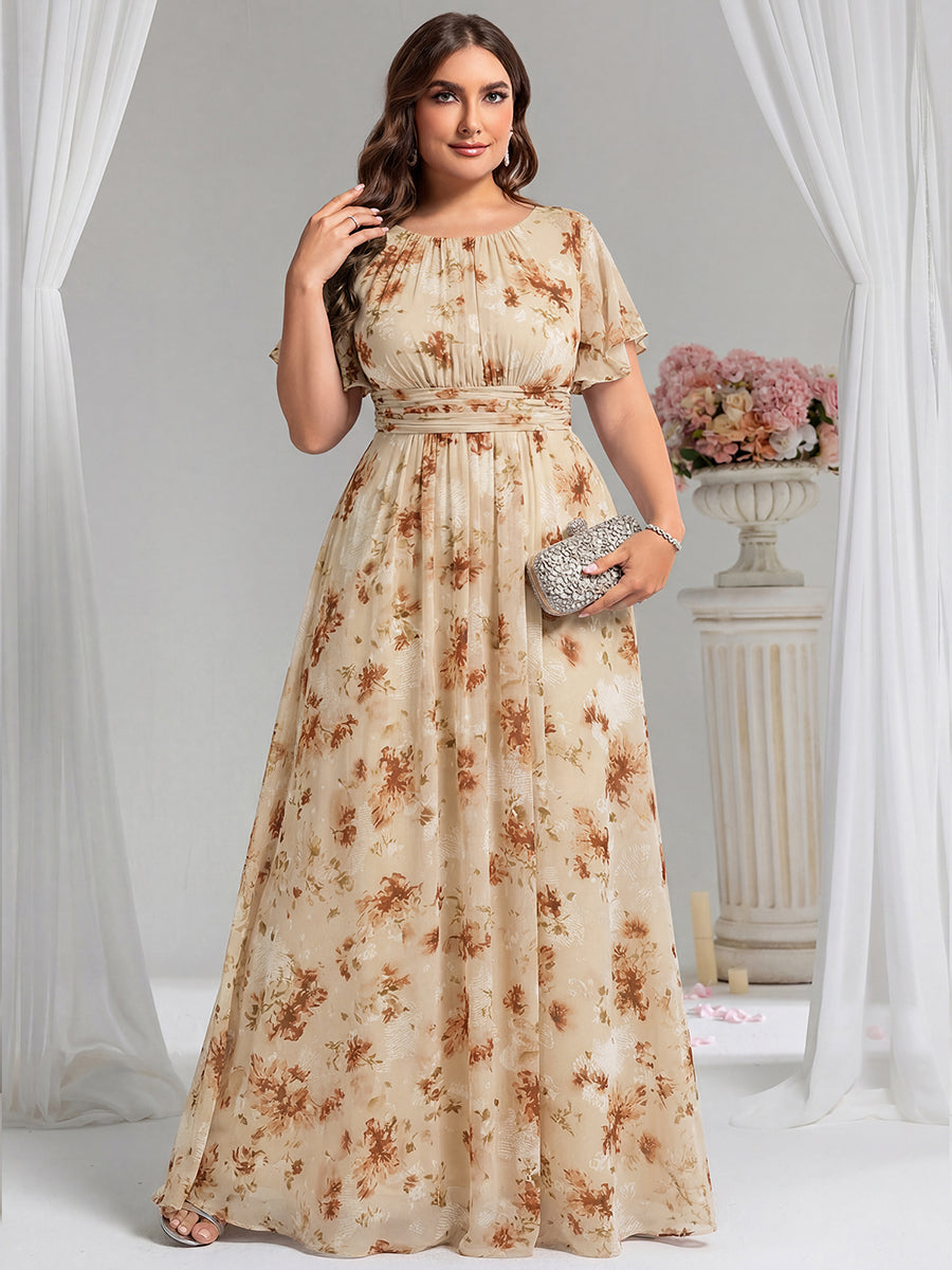 Ruched Chiffon Ruffle Sleeve Bridesmaid Dress #color_Champagne Print