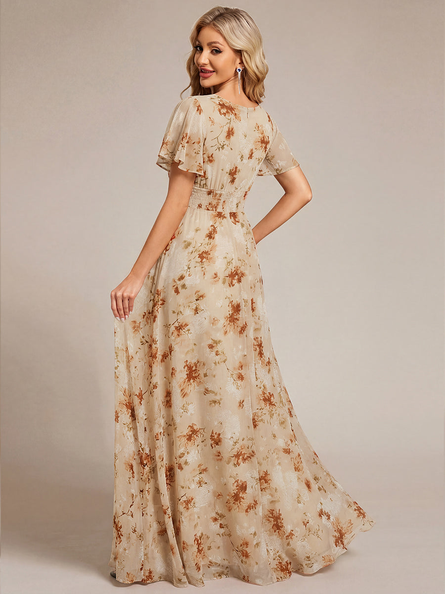Ruched Chiffon Ruffle Sleeve Bridesmaid Dress #color_Champagne Print